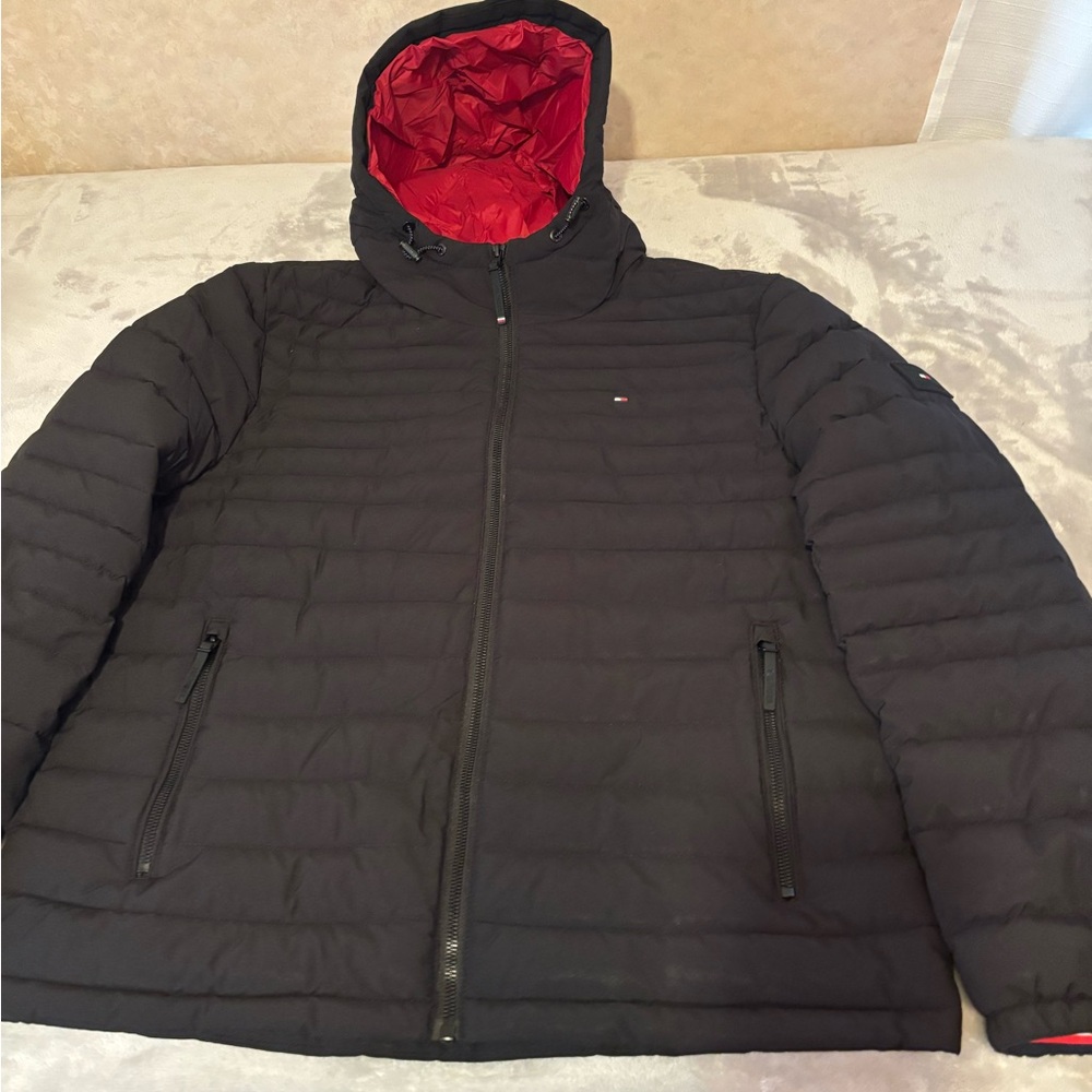 Tommy Hilfiger Black Puffer Jacket with Red Hood